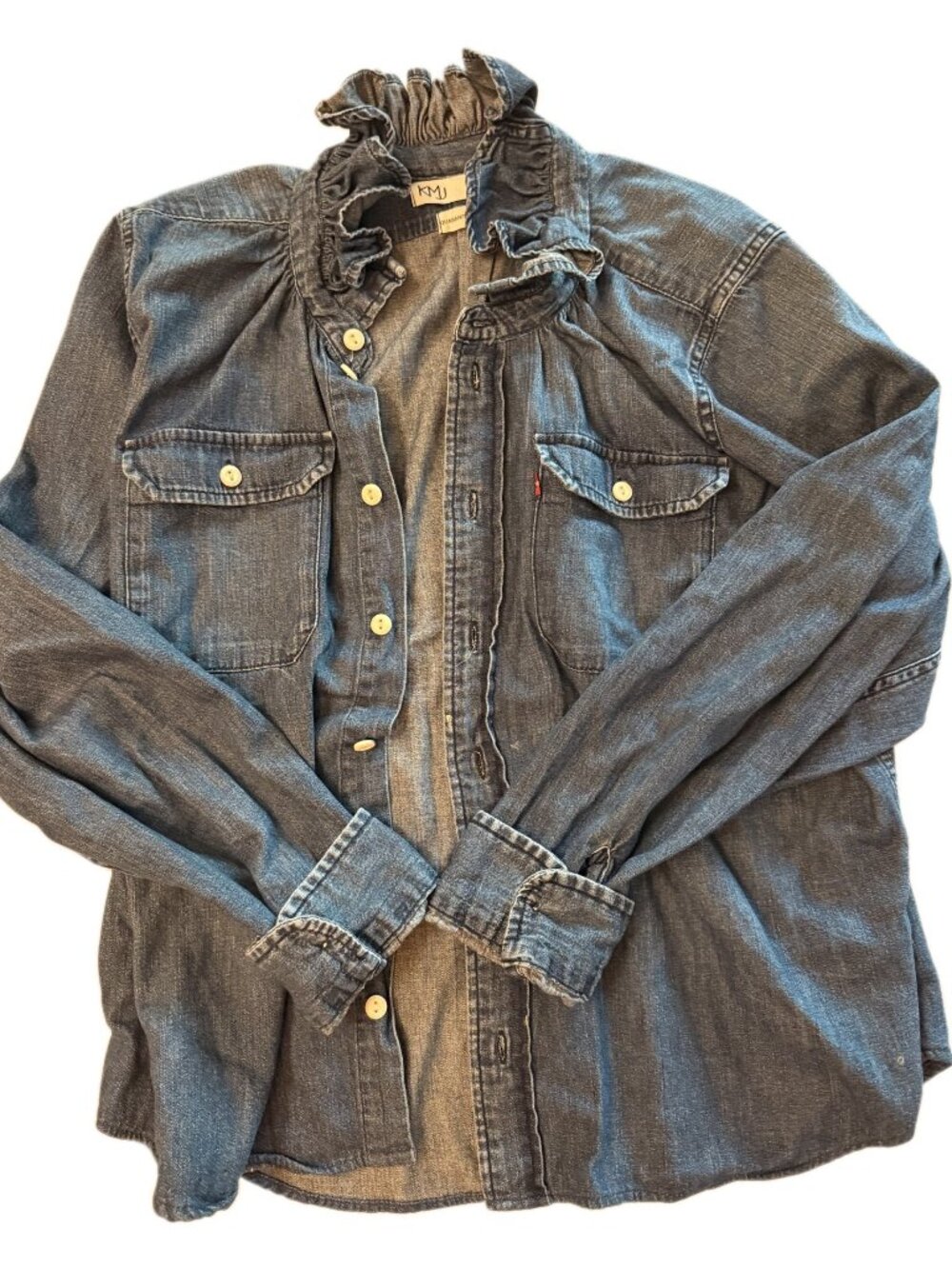 KMJ Quarantina Boyfriend Fit Denim Ruffle Collar Shirt Levi's Red Tab Size L
